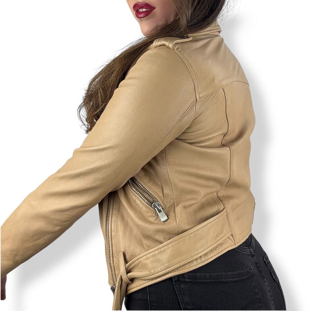 L.P.C Linea Pelle Collection tan lamb leather motorcycle jacket fitted - Picture 10 of 16